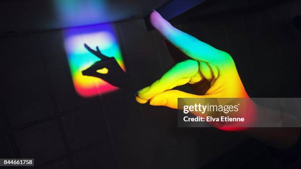 hand shadow puppet with rainbow light - schattenspielfigur stock-fotos und bilder