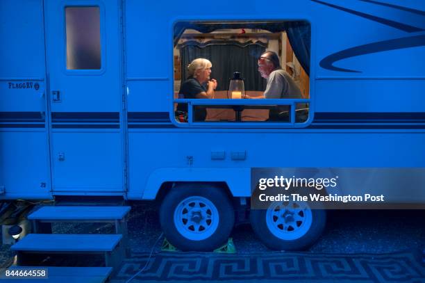 Joanne Molnar age 64 and husband Mark, age 62 work as "Workampers" managing a camping park in Trenton, ME on June 22, 2017. Workampers are employees,...