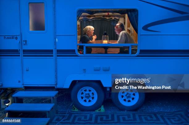 Joanne Molnar age 64 and husband Mark, age 62 work as "Workampers" managing a camping park in Trenton, ME on June 22, 2017. Workampers are employees,...