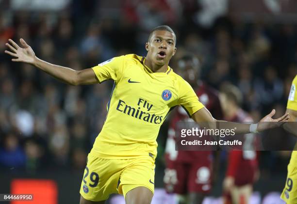 Kylian Mbappe of PSG celebrates his goal during the French Ligue 1 match between FC Metz and Paris Saint Germain at Stade Saint-Symphorien on...
