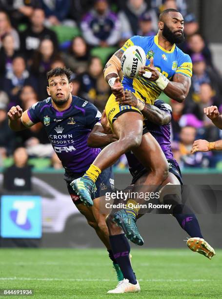 Semi Radradra of the Eels catches the ball during the NRL Qualifying Final match between the Melbourne Storm and the Parramatta Eels at AAMI Park on...