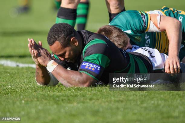 Vatiliai Tora of South Canterbury reacts after scoring a try during the Heartland Championship match between Mid Canterbury and South Canterbury on...