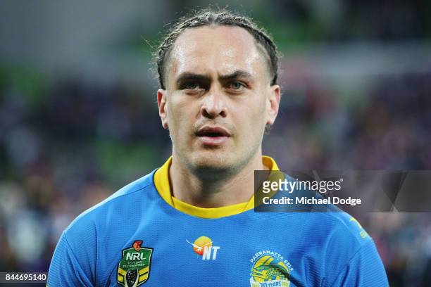 Brad Takairangi of the Eels looks dejected after defeat during the NRL Qualifying Final match between the Melbourne Storm and the Parramatta Eels at...