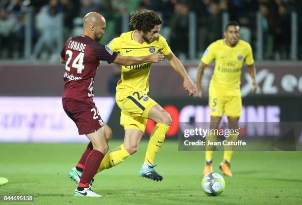 Adrien Rabiot of PSG, Renaud Cohade of FC Metz during the French Ligue 1 match between FC Metz and Paris Saint Germain at Stade Saint-Symphorien on...