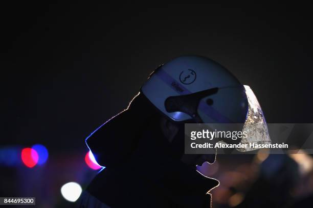 Firefighter looks on at Munich Airport during a simulation of a catastrophic incident at a drill at Munich International Airport on September 9, 2017...