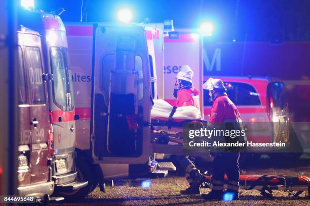 Emergency crews at Munich Airport simulate a catastrophic incident during a drill at Munich International Airport on September 9, 2017 in Erding,...
