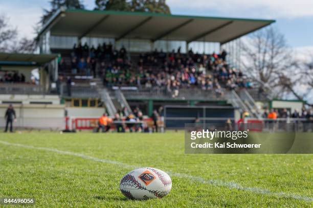 Rugby ball is seen in front of the main stand at halftime during the Heartland Championship match between Mid Canterbury and South Canterbury at...