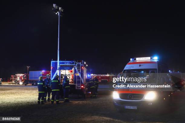 Emergency crews at Munich Airport simulate a catastrophic incident during a drill at Munich International Airport on September 9, 2017 in Erding,...