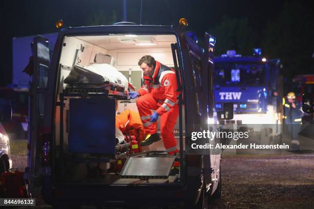 Emergency cars arrive at Munich Airport during a simulation of a catastrophic incident during a drill at Munich International Airport on September 9,...