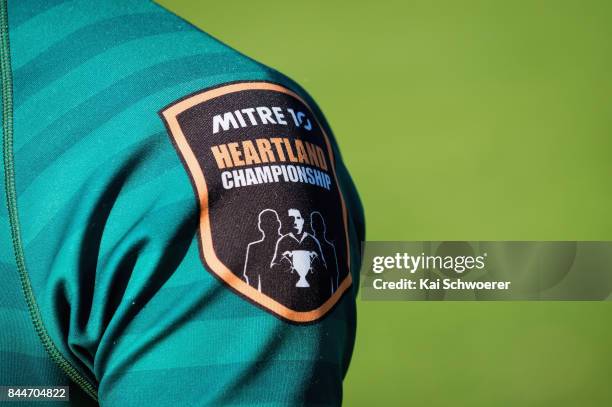 The Mitre 10 Heartland Championship logo is seen during the Heartland Championship match between Mid Canterbury and South Canterbury on September 9,...