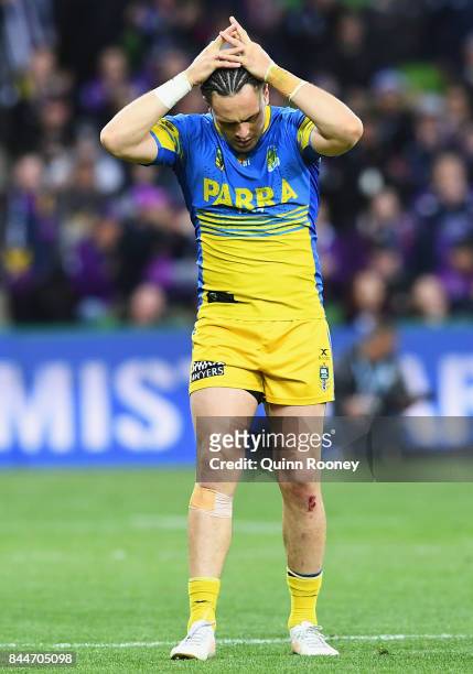 Brad Takairangi of the Eels looks dejected after losing the NRL Qualifying Final match between the Melbourne Storm and the Parramatta Eels at AAMI...