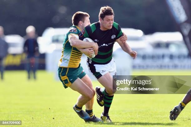 Miles Medlicott of South Canterbury charges forward during the Heartland Championship match between Mid Canterbury and South Canterbury on September...