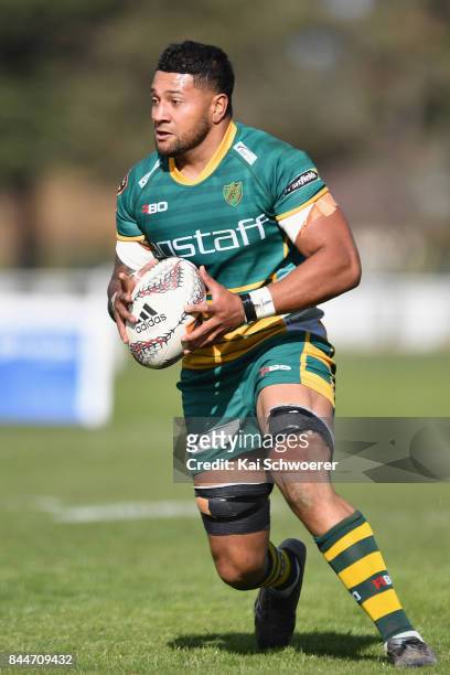 Sam Finau of Mid Canterbury charges forward during the Heartland Championship match between Mid Canterbury and South Canterbury on September 9, 2017...