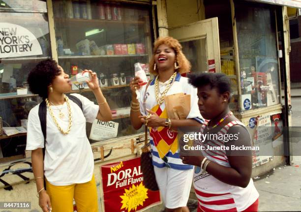 Cheryl 'Salt' James and Sandra 'Pepa' Denton, two members of the female hiphop group better known as Salt n Pepa, seen on a city sidewalk in New...