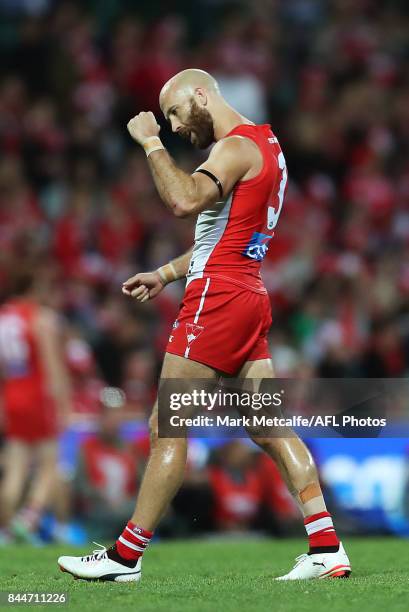 Jarrad McVeigh of the Swans celebrates victory in the AFL Second Elimination Final match between the Sydney Swans and the Essendon Bombers at Sydney...