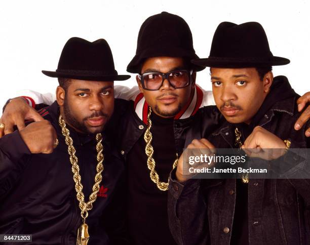 The pioneering rap group Run DMC poses in a New York city studio, 1986. From left to right: Jason 'Jam Master Jay' Mizell , Darryl 'DMC' McDaniels ,...