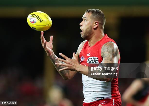 Lance Franklin of the Swans handles the ball during the AFL Second Elimination Final match between the Sydney Swans and the Essendon Bombers at...