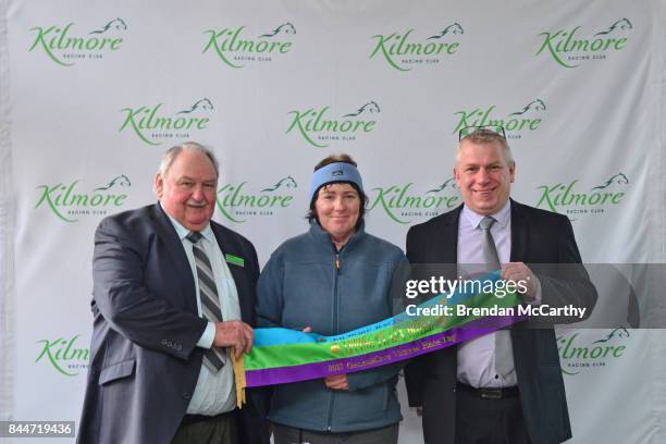 Max Perry of Kilmore Racing Club, part owner oh /h14 Kim Filmer, race sponsor Chris Chalmers for Epping Plaza Hotel, after winning the Epping Plaza...