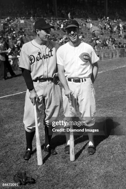 Third basemen Mike "Pinky" Higgins of the Detroit Tigers and Billy Werber of the Cincinnati Reds pose for a portrait prior to game one of the World...