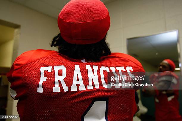 Coye Francies of the South Team prepares before the game against the North Team during the Under Armour Senior Bowl on January 24, 2009 at...