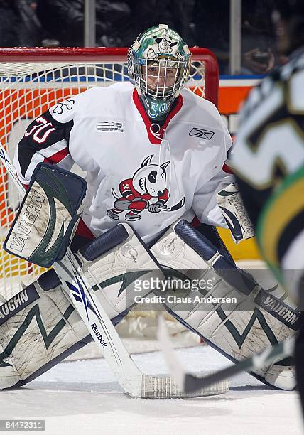 Jeremy Smith of the Niagara Ice Dogs waits for an incoming shot in a game against the London Knights on January 23, 2009 at the John Labatt Centre in...