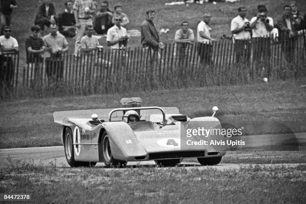 Bruce McLaren in his McLaren M8A at the Road America CanAm on September 1, 1968 in Elkhart Lake, Wisconsin.