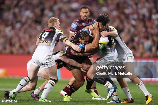 Martin Taupau of the Sea Eagles is tackled during the NRL Elimination Final match between the Manly Sea Eagles and the Penrith Panthers at Allianz...