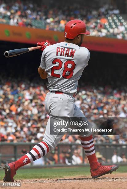 Tommy Pham of the St. Louis Cardinals bats against the San Francisco Giants in the top of the six inning at AT&T Park on September 3, 2017 in San...
