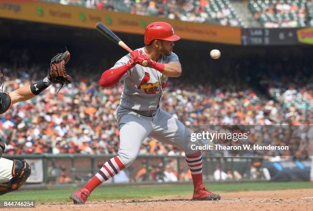 Tommy Pham of the St. Louis Cardinals bats against the San Francisco Giants in the top of the six inning at AT&T Park on September 3, 2017 in San...