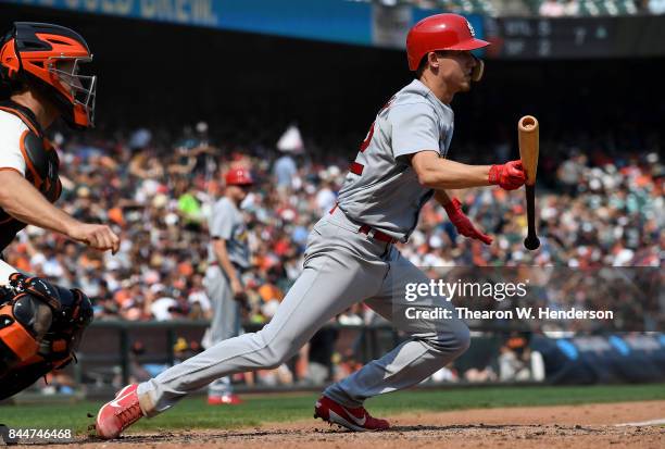 Luke Weaver of the St. Louis Cardinals attempts to bunt against the San Francisco Giants in the top of the six inning at AT&T Park on September 3,...