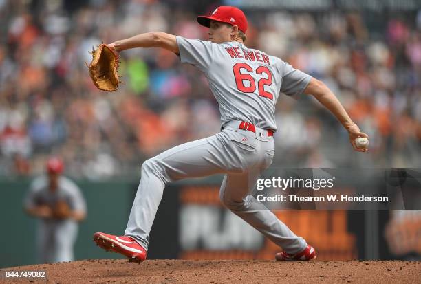 Luke Weaver of the St. Louis Cardinals pitches against the San Francisco Giants in the bottom of the first inning at AT&T Park on September 3, 2017...