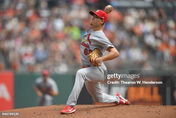 Luke Weaver of the St. Louis Cardinals pitches against the San Francisco Giants in the bottom of the first inning at AT&T Park on September 3, 2017...