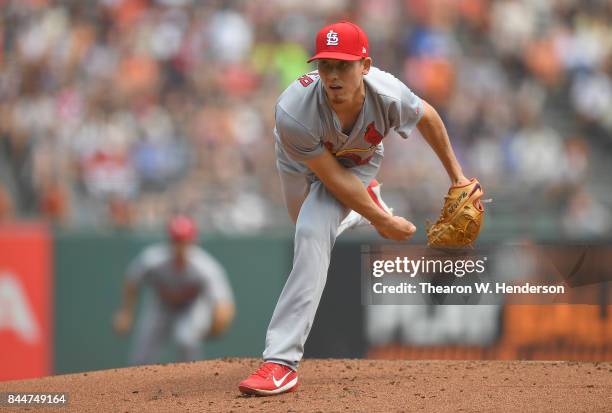 Luke Weaver of the St. Louis Cardinals pitches against the San Francisco Giants in the bottom of the first inning at AT&T Park on September 3, 2017...