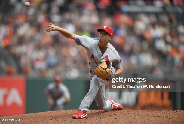 Luke Weaver of the St. Louis Cardinals pitches against the San Francisco Giants in the bottom of the first inning at AT&T Park on September 3, 2017...