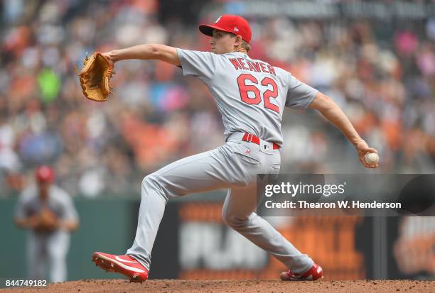 Luke Weaver of the St. Louis Cardinals pitches against the San Francisco Giants in the bottom of the first inning at AT&T Park on September 3, 2017...