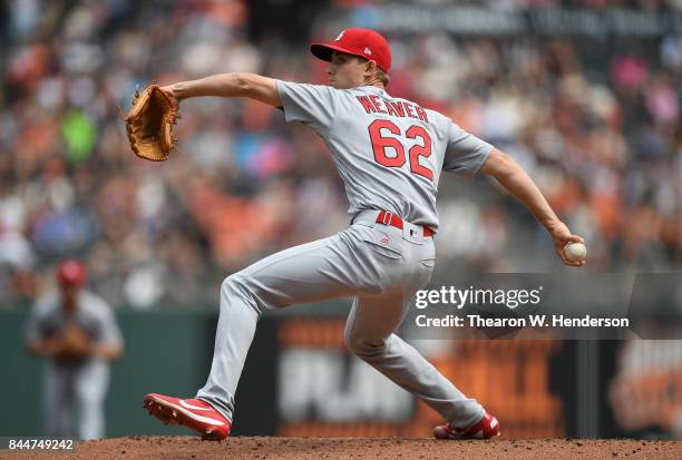 Luke Weaver of the St. Louis Cardinals pitches against the San Francisco Giants in the bottom of the first inning at AT&T Park on September 3, 2017...