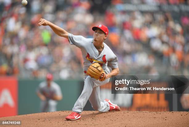 Luke Weaver of the St. Louis Cardinals pitches against the San Francisco Giants in the bottom of the first inning at AT&T Park on September 3, 2017...