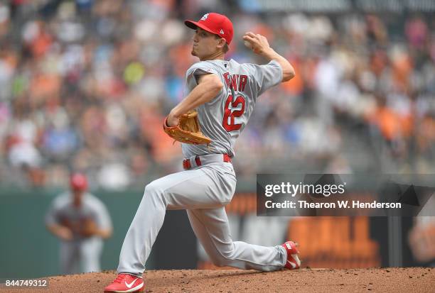 Luke Weaver of the St. Louis Cardinals pitches against the San Francisco Giants in the bottom of the first inning at AT&T Park on September 3, 2017...