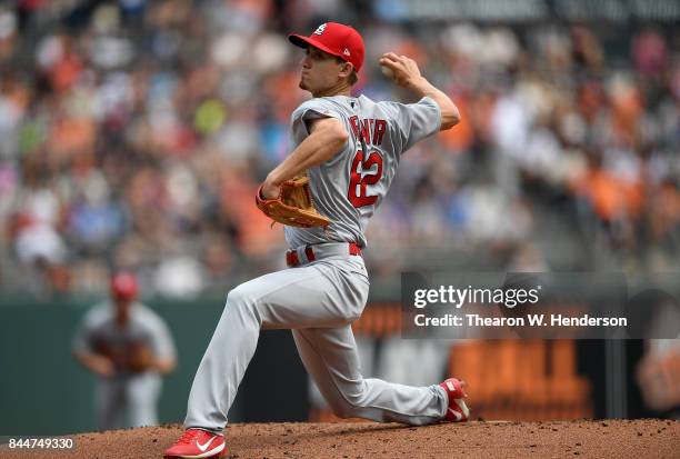 Luke Weaver of the St. Louis Cardinals pitches against the San Francisco Giants in the bottom of the first inning at AT&T Park on September 3, 2017...