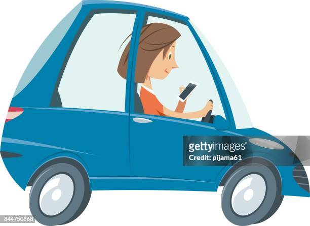 ilustraciones, imágenes clip art, dibujos animados e iconos de stock de chica al teléfono conduciendo el coche - conducir