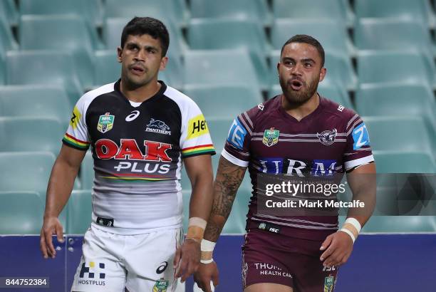 Dylan Walker of the Sea Eagles celebrates scoring a try during the NRL Elimination Final match between the Manly Sea Eagles and the Penrith Panthers...