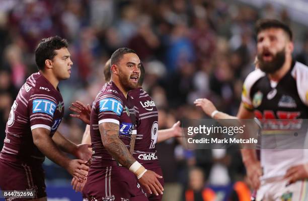 Dylan Walker of the Sea Eagles celebrates scoring a try with team mates during the NRL Elimination Final match between the Manly Sea Eagles and the...
