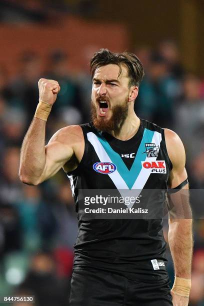 Charlie Dixon of the Power celebrates after kicking a goal during the AFL First Elimination Final match between Port Adelaide Power and West Coast...