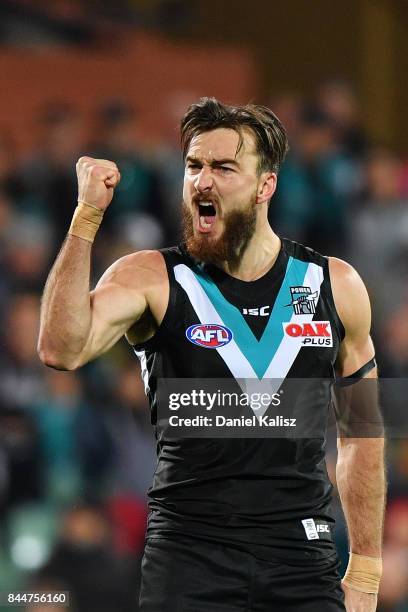 Charlie Dixon of the Power celebrates after kicking a goal during the AFL First Elimination Final match between Port Adelaide Power and West Coast...