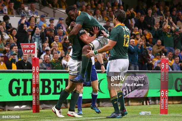 Jesse Kriel and Siya Kolisi of South Africa celebrate a try during The Rugby Championship match between the Australian Wallabies and the South Africa...