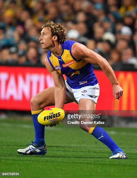 Matt Priddis of the Eagles handballs during the AFL First Elimination Final match between Port Adelaide Power and West Coast Eagles at Adelaide Oval...
