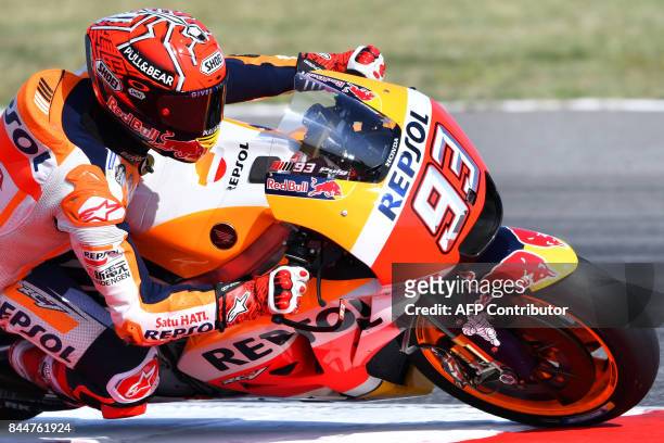 Repsol Honda Team's Marc Marquez from Spain takes part in a practice session of the San Marino Moto GP Grand Prix race at the Marco Simoncelli...