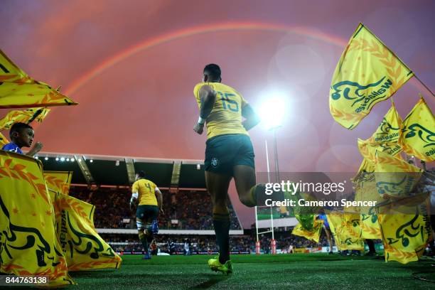 Israel Folau of the Wallabies runs onto the field during The Rugby Championship match between the Australian Wallabies and the South Africa...