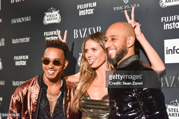 Lewis Hamilton, Heidi Klum and Swizz Beatz attend 2017 Harper's Bazaar Icons at The Plaza Hotel on September 8, 2017 in New York City.