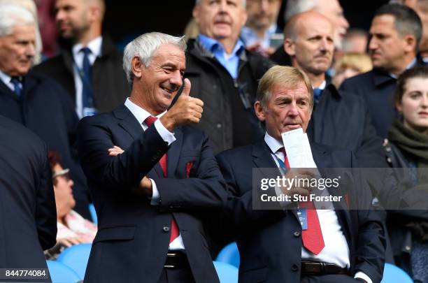 Former Liverpool players Ian Rush and Kenny Dalglish speak prior to the Premier League match between Manchester City and Liverpool at Etihad Stadium...